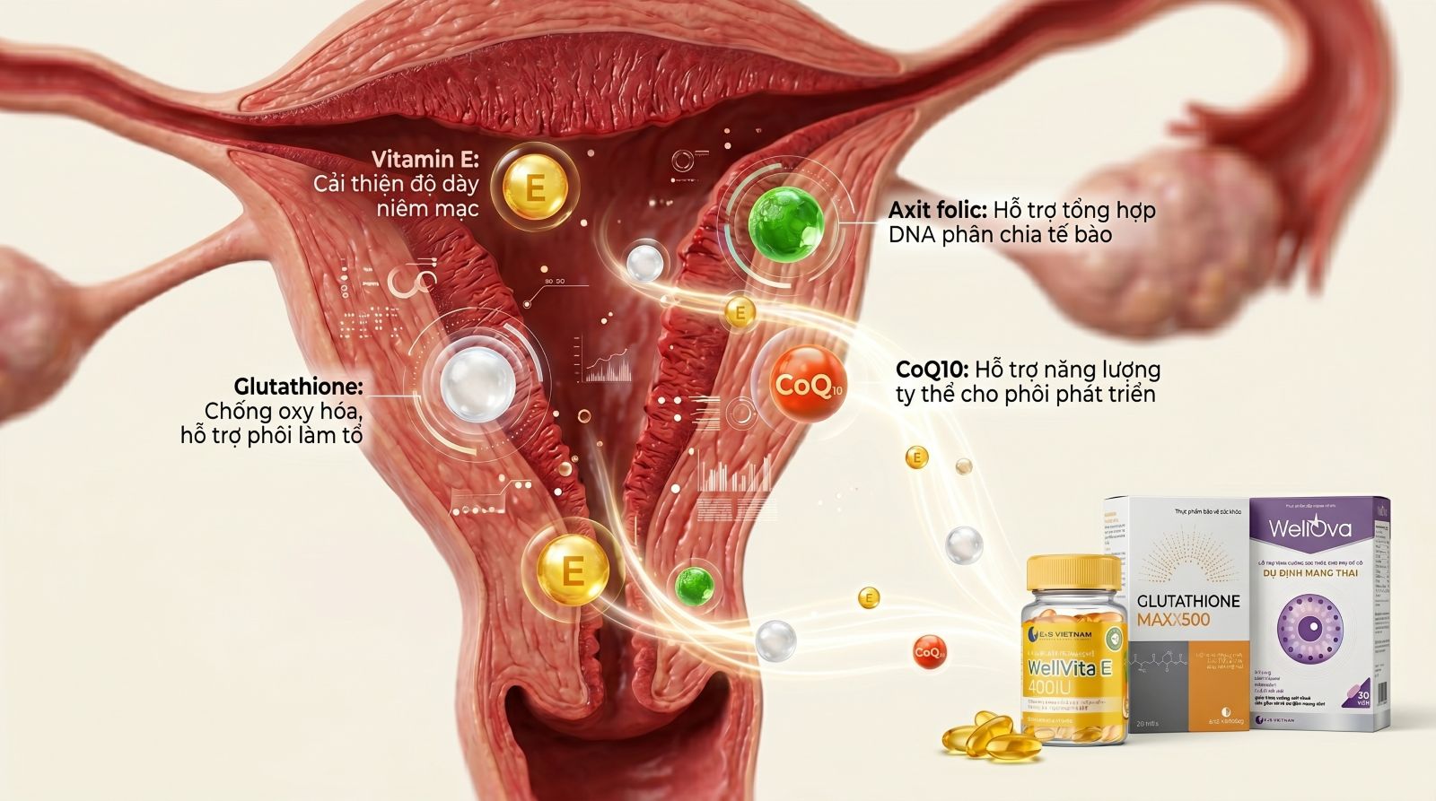 C&aacute;c hoạt chất chống oxy h&oacute;a cần được sử dụng kết hợp để tăng cường tỉ lệ mang thai th&agrave;nh c&ocirc;ng khi chuyển ph&ocirc;i