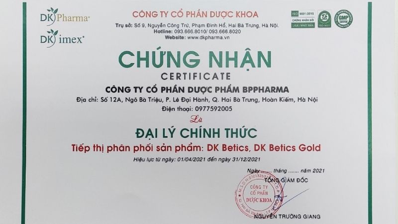 Giấy Chứng nhận đại lý chính thức phân phối sản phẩm DK Betics, DK Betics Gold của BPPharma (Hệ thống Nhà thuốc Pharmart.vn)