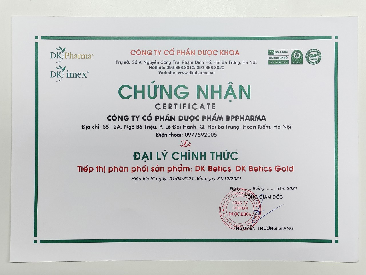 BPPharma (Pharmart.vn) là đại lý chính thức của DK-Pharma