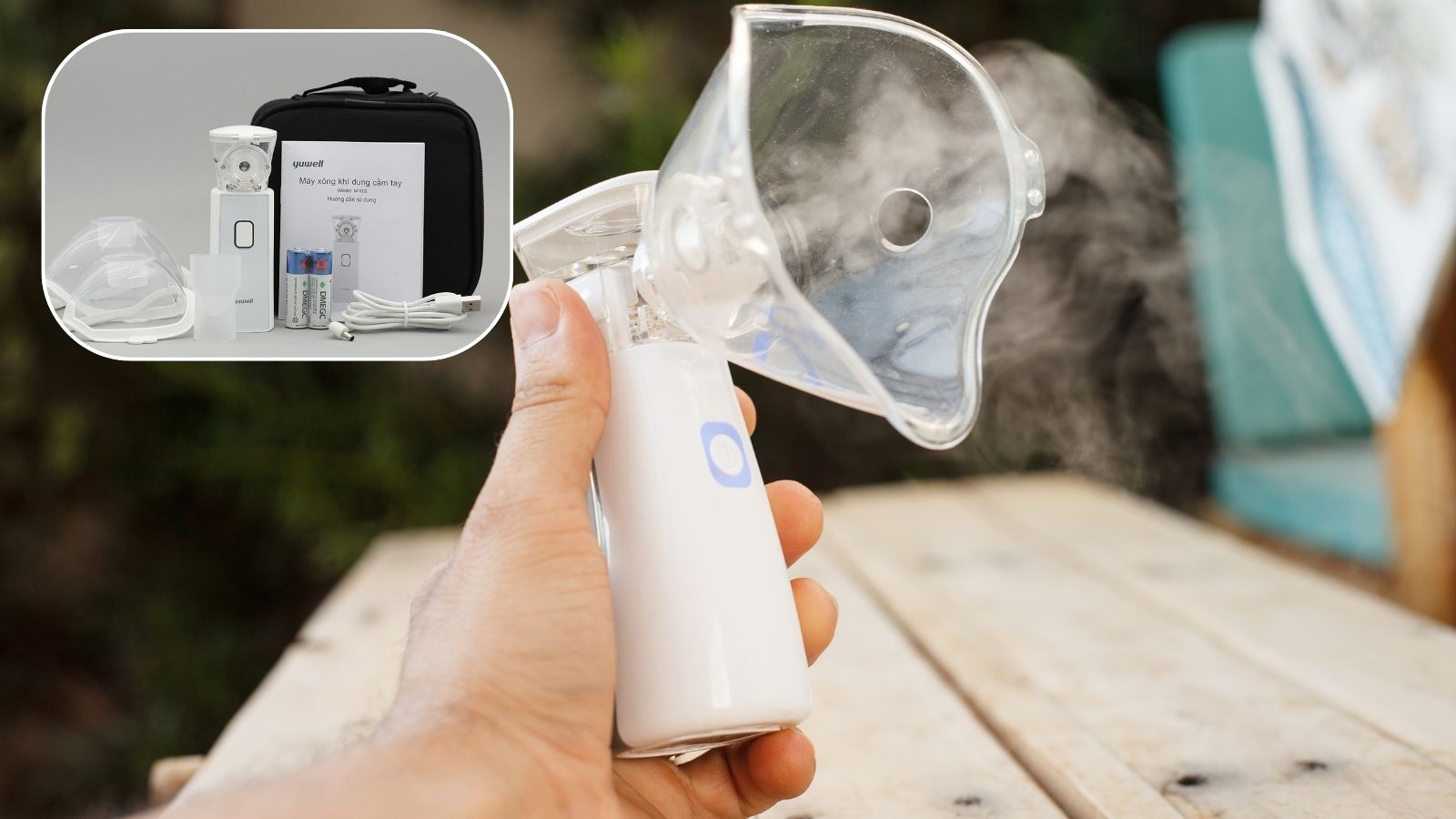 Bộ sản phẩm máy khí dung Yuwell M102 gồm mặt nạ cho cả người lớn và trẻ em