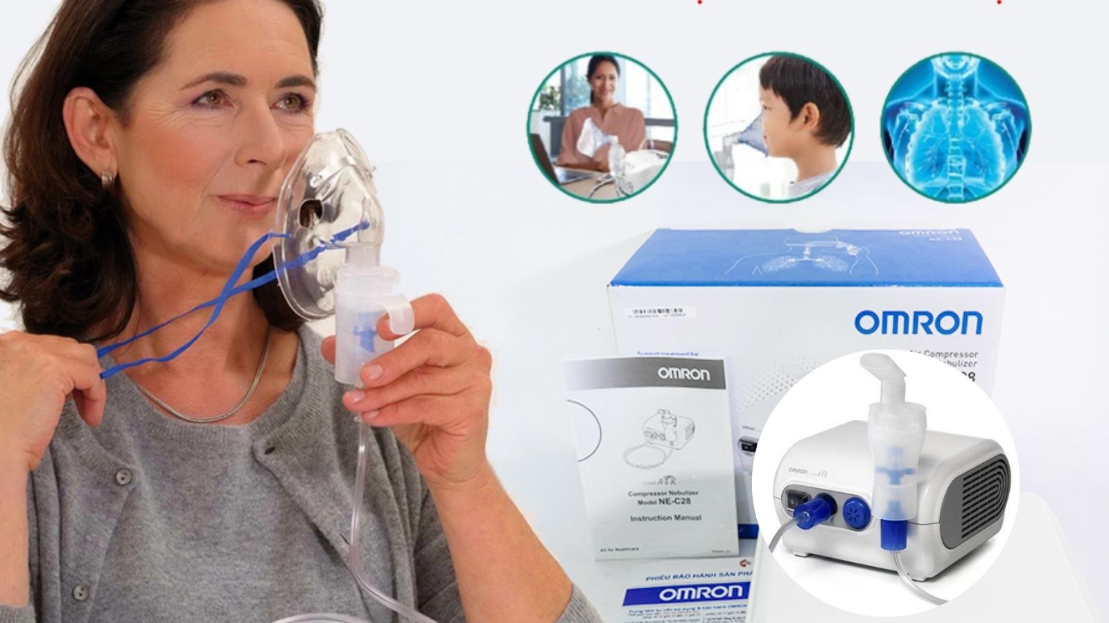 Máy khí dung Omron NE-C28 với công nghệ van ảo giúp giảm tối đa lượng thuốc thất thoát ra ngoài