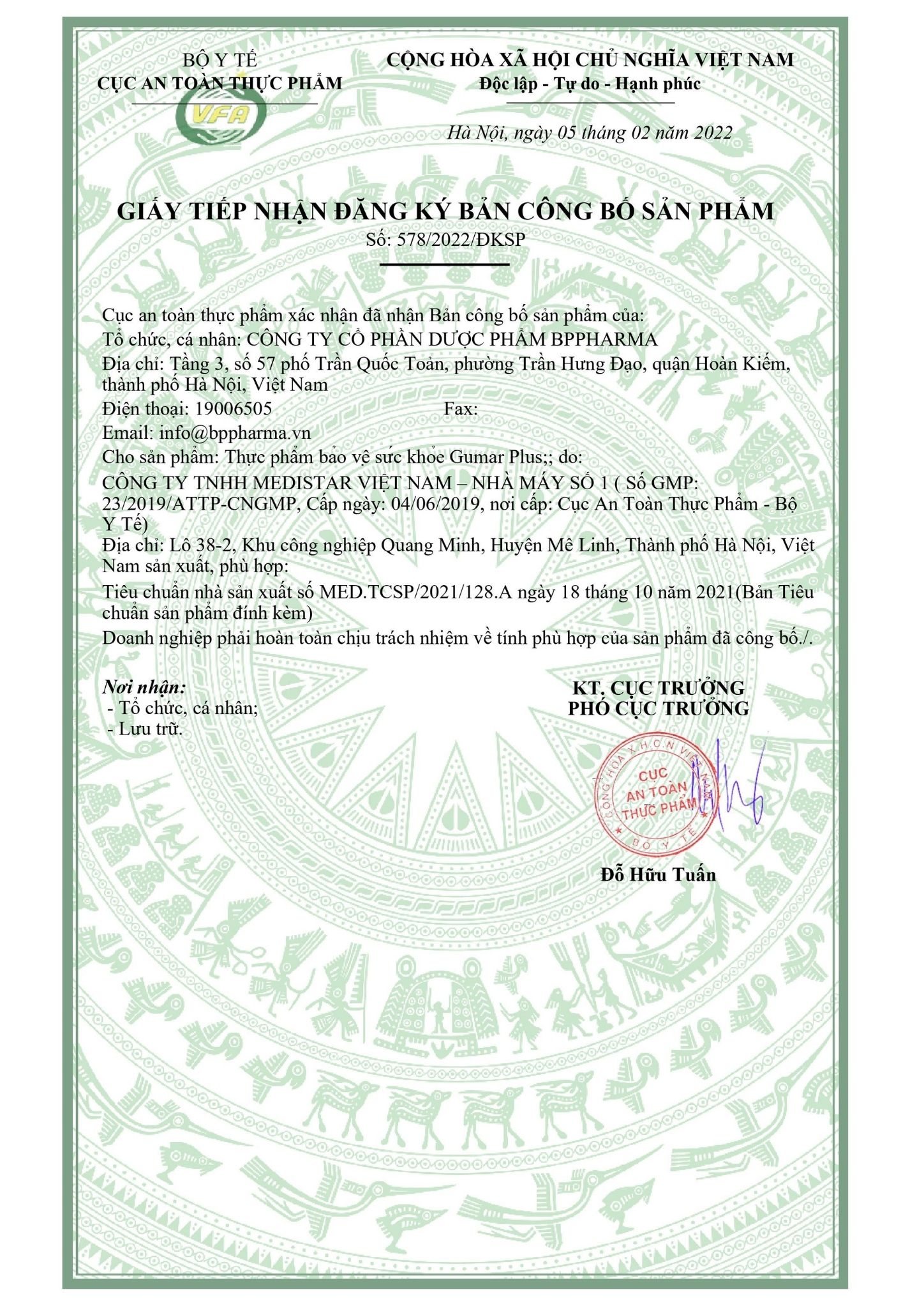 Giấy đăng ký Công bố sản phẩm Gumar Plus