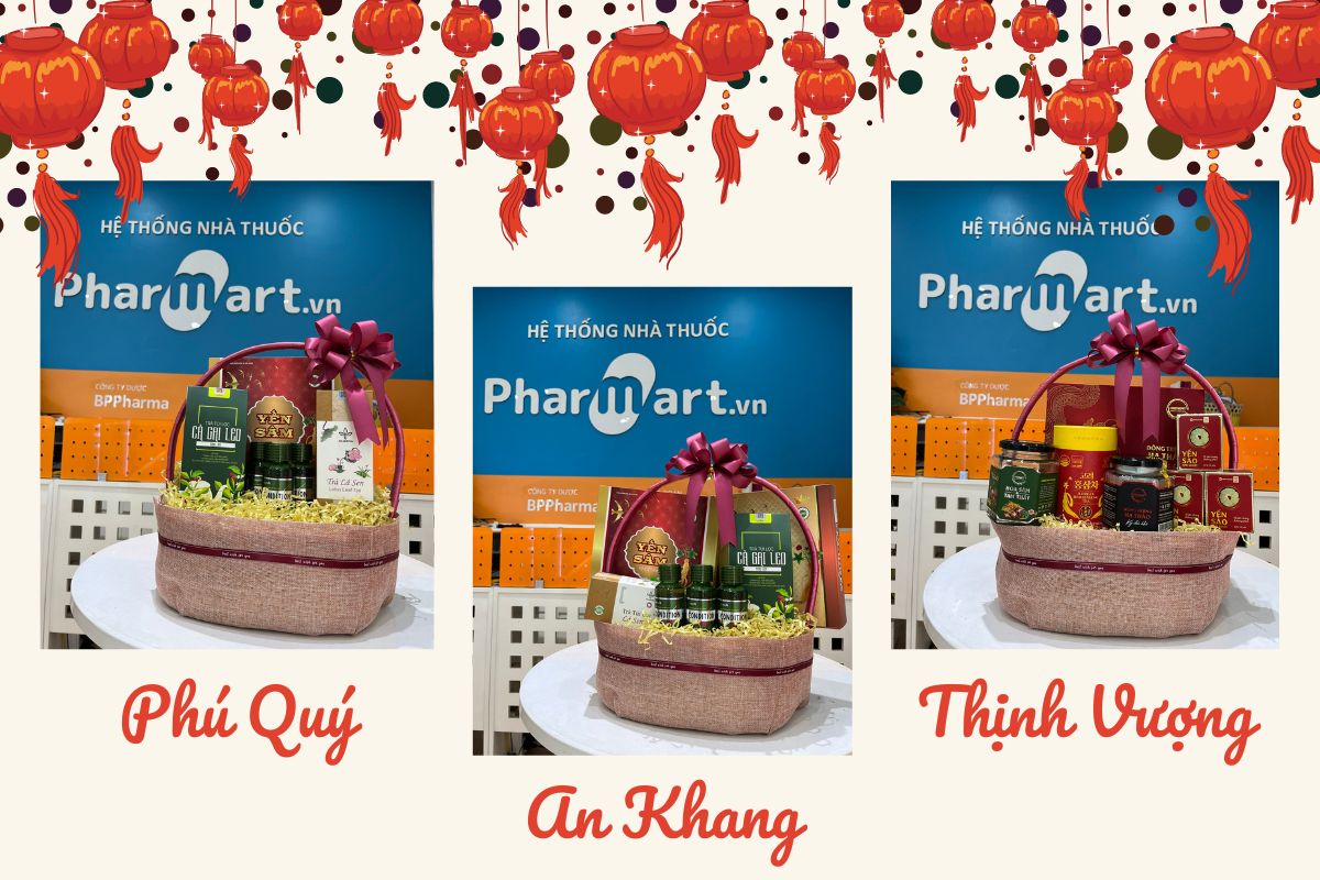 Những Giỏ quà Tết tại Nhà thuốc Pharmart với các sản phẩm bổ dưỡng, như một lời chúc năm mới dồi dào sức khỏe.