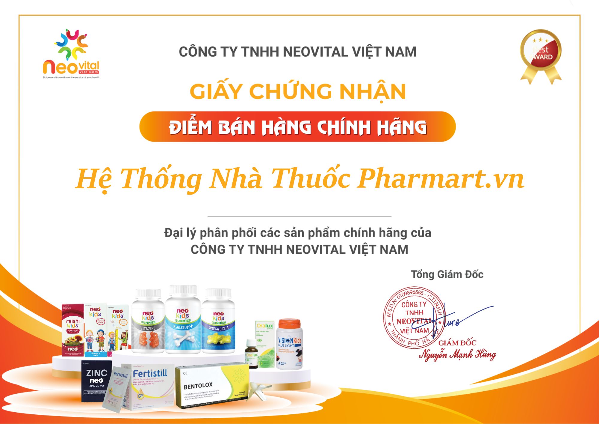 Neovital Việt Nam trao Giấy chứng nhận đại lý chính hãng cho Pharmart