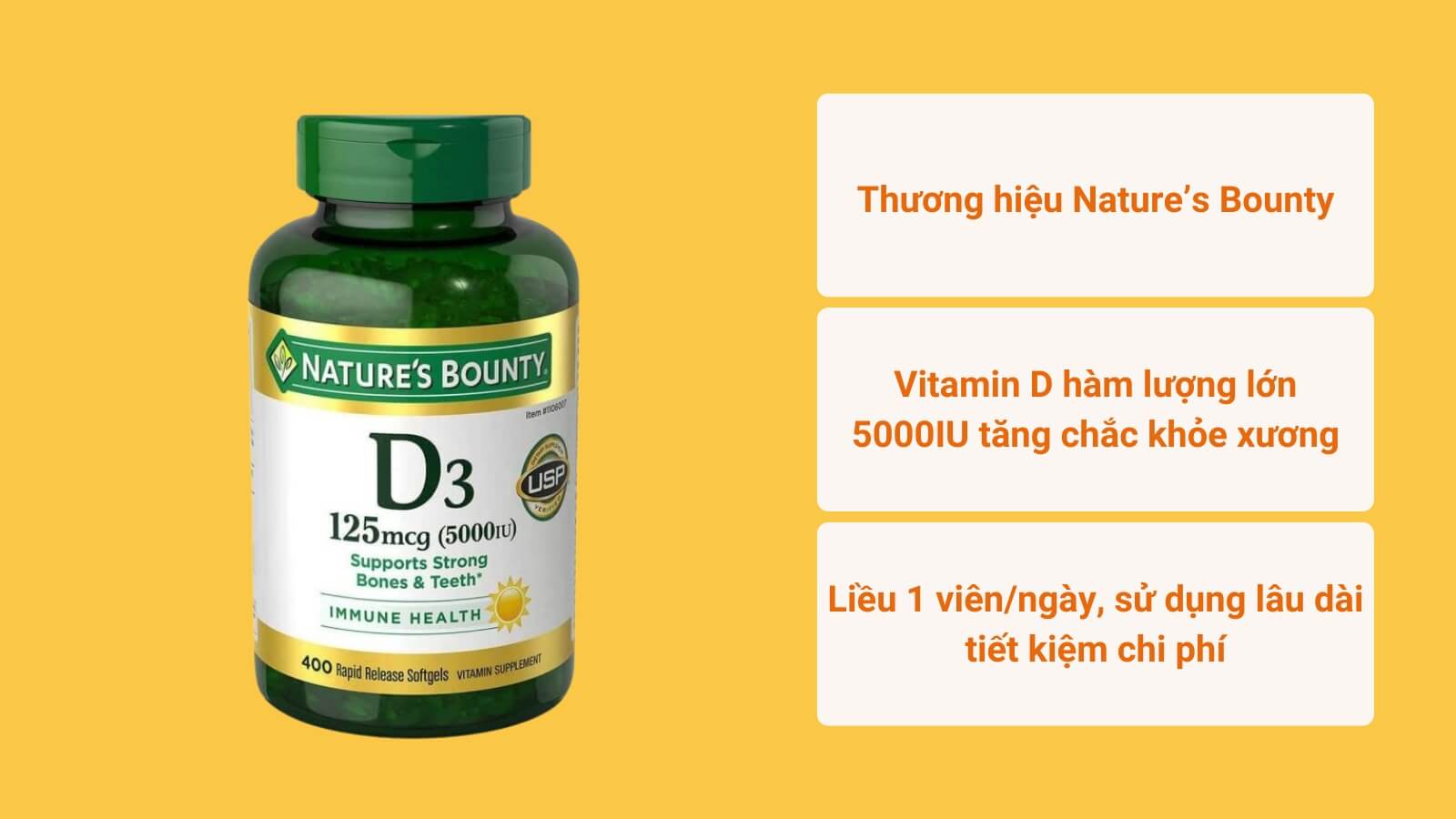 Nature's bounty D3 hiện chưa ghi nhận tác dụng phụ
