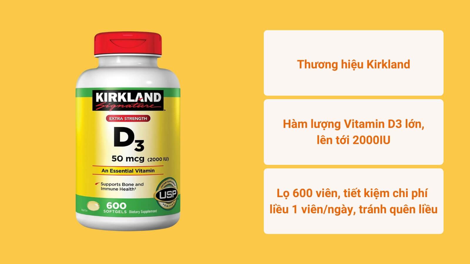 Viên uống Kirkland D3 2000IU cung cấp vitamin D3 cho cơ thể