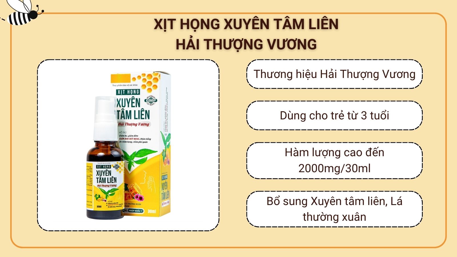 Hàm lượng keo ong trong Xịt họng Xuyên Tâm Liên Hải Thượng Vương lên đến 2000mg/30ml