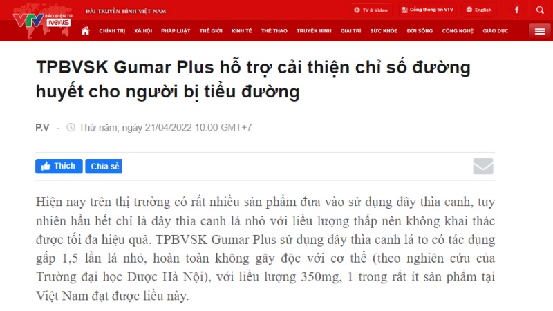 Báo VTV đưa tin về TPBVSK Gumar Plus
