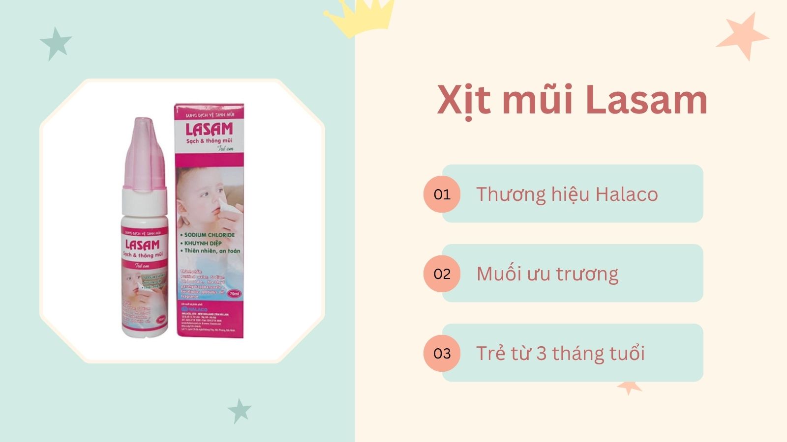 Xịt mũi Lasam kết hợp dung dịch muối và tinh dầu khuynh diệp mang lại cảm giác dịu mát khi xịt từ lần đầu tiên