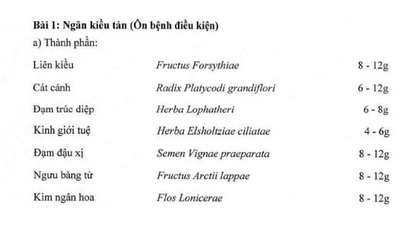 Bài thuốc có kết hợp Xuyên tâm liên và các vị dược liệu khác trong Công văn của BYT.