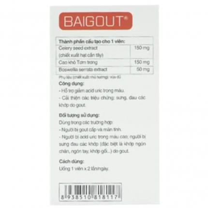 Baigout hộp 20 viên giảm triệu chứng sưng, đau các khớp do gout 3