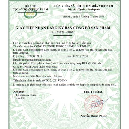 Giấy đăng ký công bố sản phẩm Bio Vigor