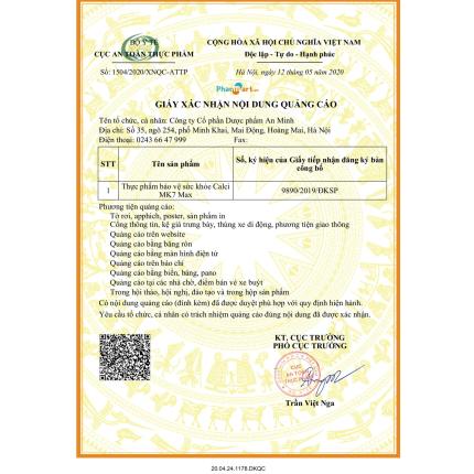 Giấy phép quảng cáo Calci MK7 REVO