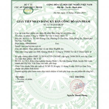 Giấy đăng ký công bố sản phẩm Cốm BigBB