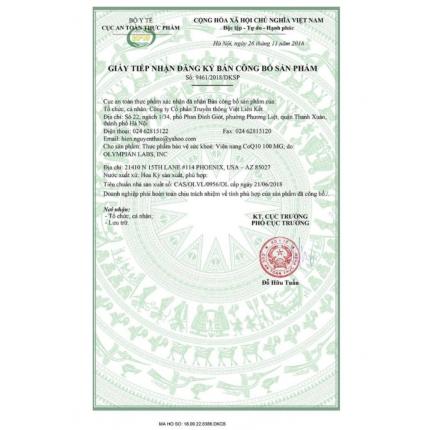 Giấy đăng Ký Công Bố CoQ10 100mg Của Olympian Labs