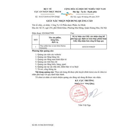 Giấy xác nhận quảng cáo HARTUS IMMUNITY REVO