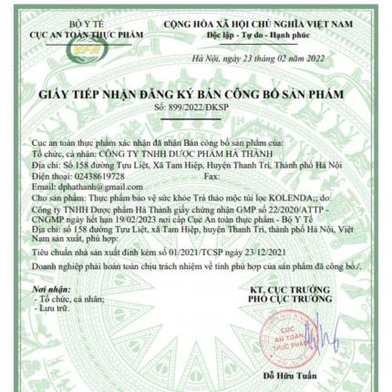 Giấy đăng ký cống bố sản phẩm Trà túi lọc Kolenda