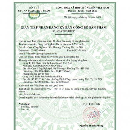 Giấy đăng ký công bố sản phẩm Men vi sinh Lactsanfo