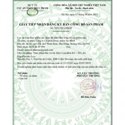 Giấy đăng ký công bố sản phẩm Lineabon K2+D3