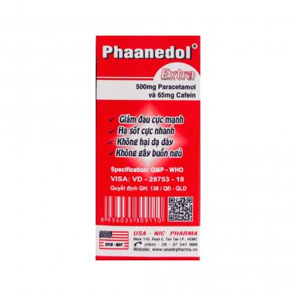 Thuốc Phaanedol Extra - Hạ sốt, giảm đau nhức đầu, đau bụng kinh hộp 180 viên