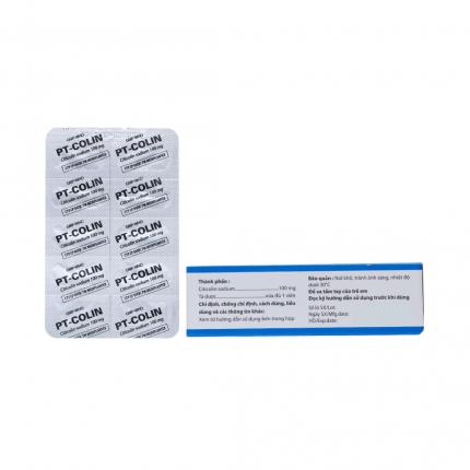 Mặt sau thuốc Pt - Colin 100mg điều trị rối loạn mạch máu não và hội chứng Pakinson