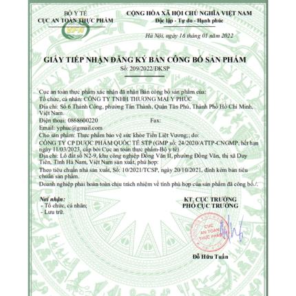 Giấy đăng ký công bố sản phẩm Tiền Liệt Vương