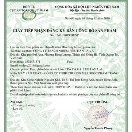 Giấy đăng ký công bố sản phẩm Trà Cà Gai Leo Lava