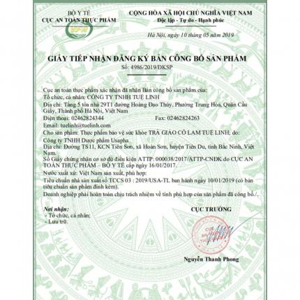 Giấy đăng ký công bố sản phẩm Trà Giảo Cổ Lam Tuệ Linh