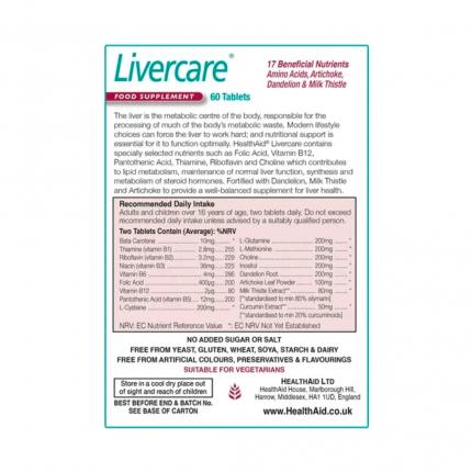 Thành phần bổ gan HealthAid LiverCare - Hỗ trợ giải độc, bảo vệ gan