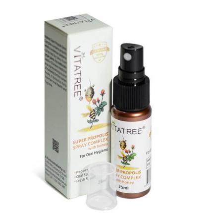 Vitatree super propolis spray complex là sản phẩm ở dạng xịt họng với thành phần chiết xuất hoàn toàn từ keo ong