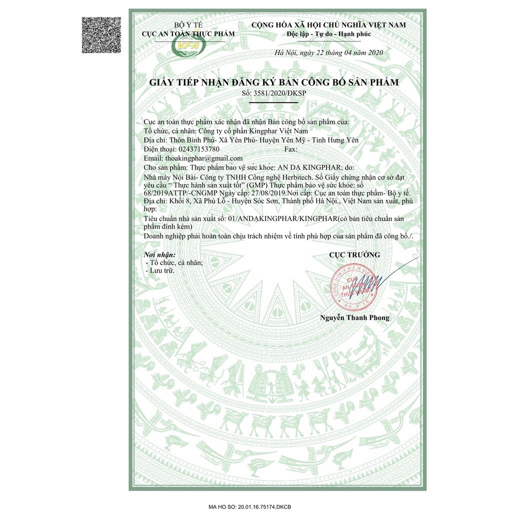 Giấy công bố đăng ký sản phẩm An dạ Kingphar