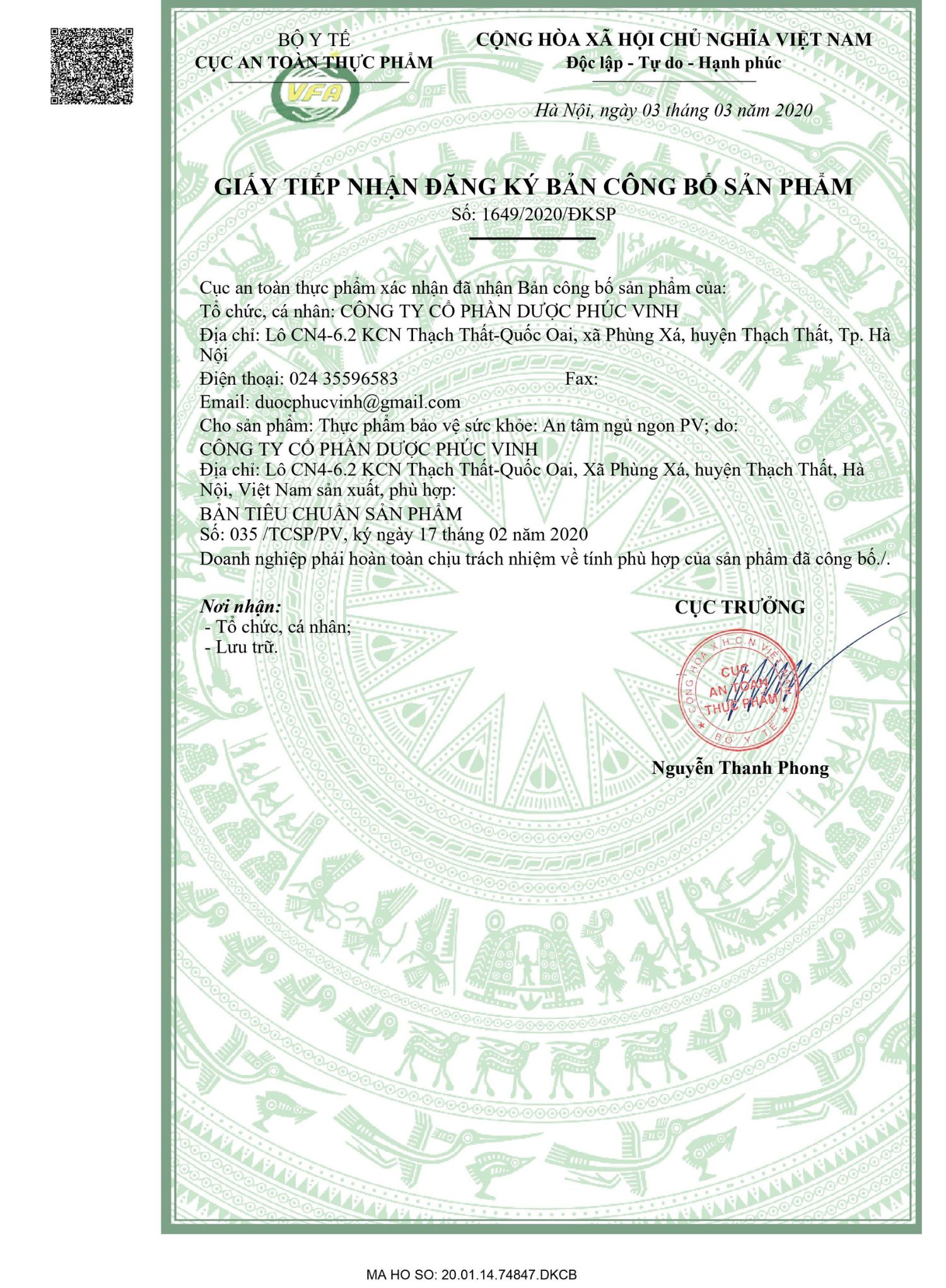 Giấy đăng ký công bố sản phẩm An Tâm Ngủ Ngon PV được cấp bởi Bộ Y tế 