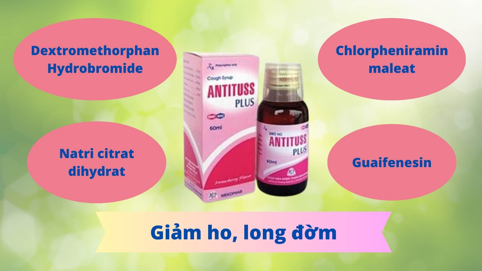 Siro ho Antituss Plus 60ml chứa các thành phần giúp giảm ho, long đờm