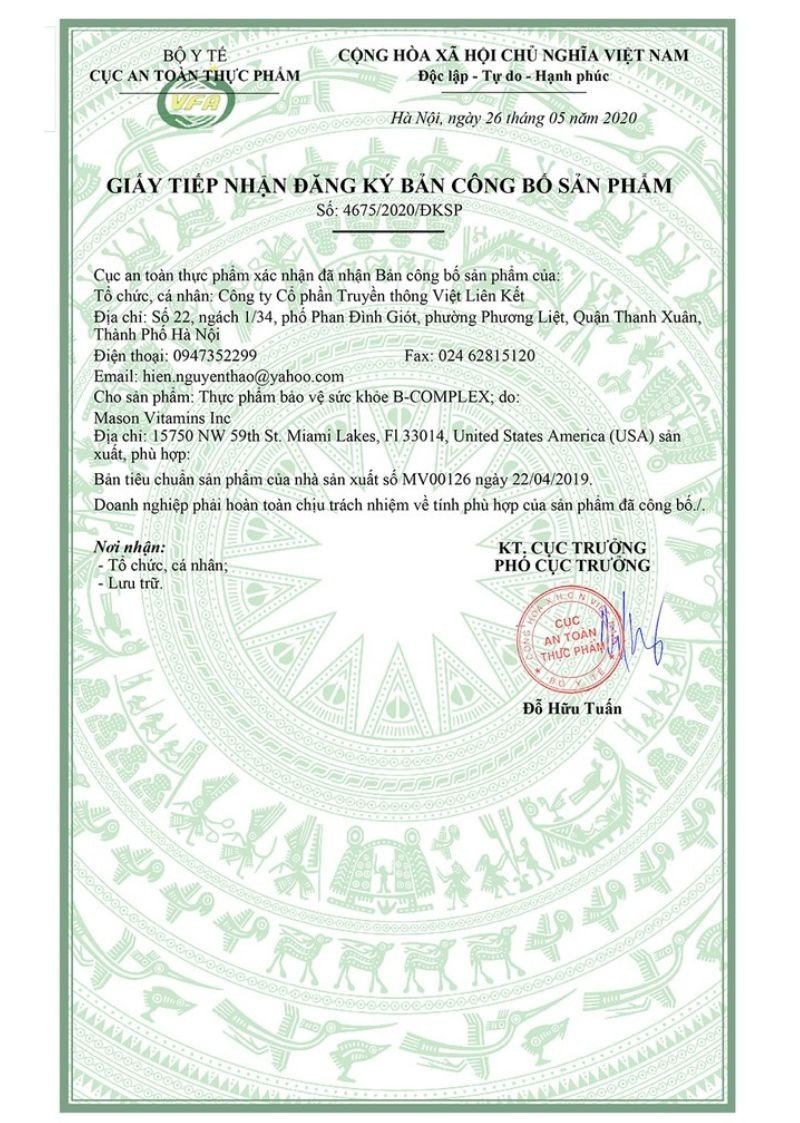 Bản công bố sản phẩm của B-Complex mason