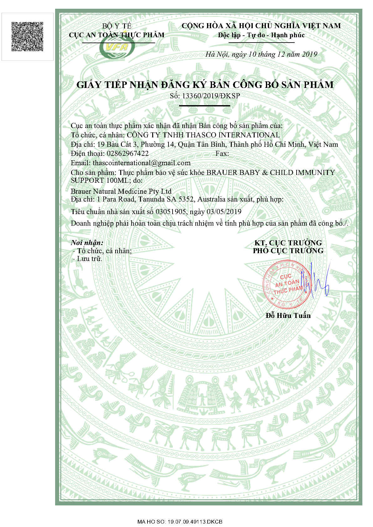 Giấy tiếp nhận công bố sản phẩm được cấp bởi Bộ y tế