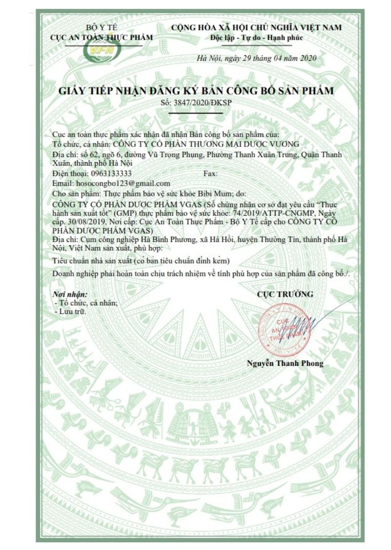 Bản công bố sản phẩm của Bibi Mum