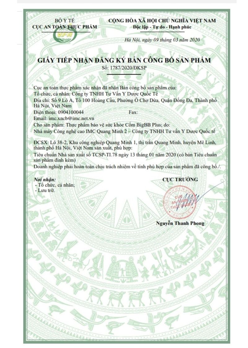 Bản công bố sản phẩm của BigBB Plus hồng