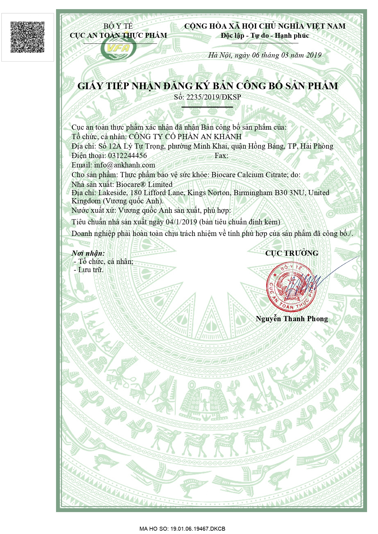 Giấy tiếp nhận đăng ký công bố sản phẩm 