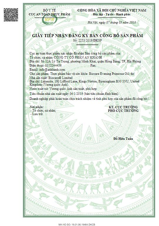 Giấy đăng k&yacute; c&ocirc;ng bố tinh dầu hoa anh thảo Biocare Primrose Oil được cấp bởi Bộ Y tế