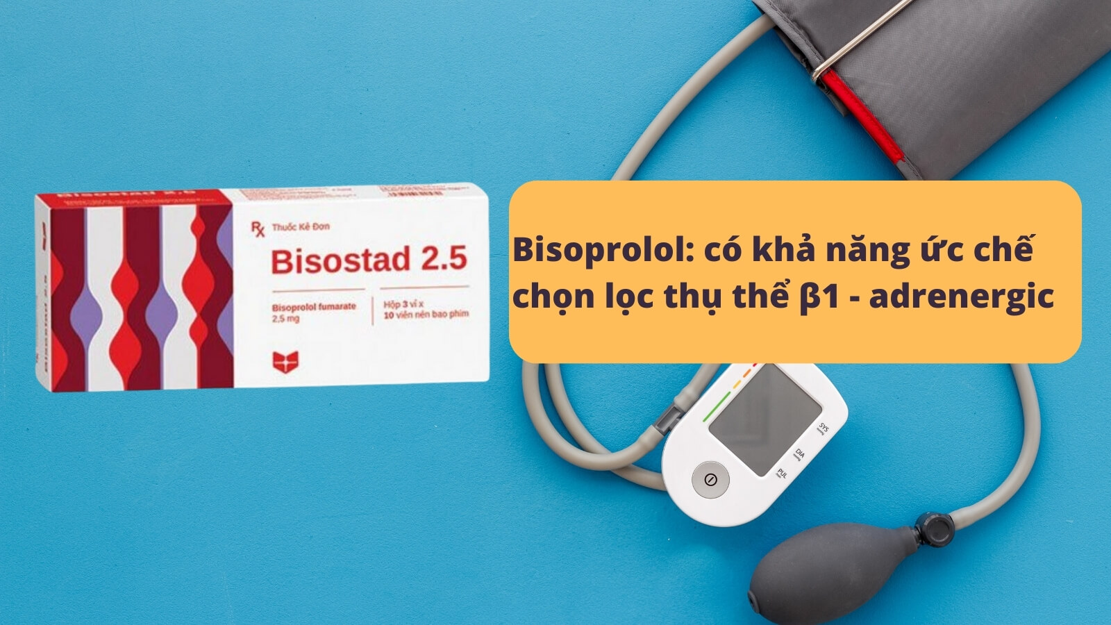 Thuốc Bisostad 2.5 chứa Bisoprolol điều trị tăng huyết áp, cơn đau thắt ngực