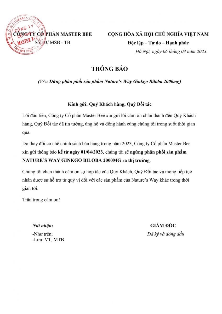 Nature's Way Ginkgo Biloba 2000mg dừng phân phối tại thị trường Việ