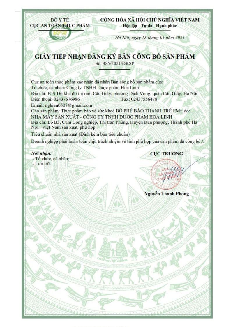 Bản công bố sản phẩm của Siro ho Bảo Thanh trẻ em