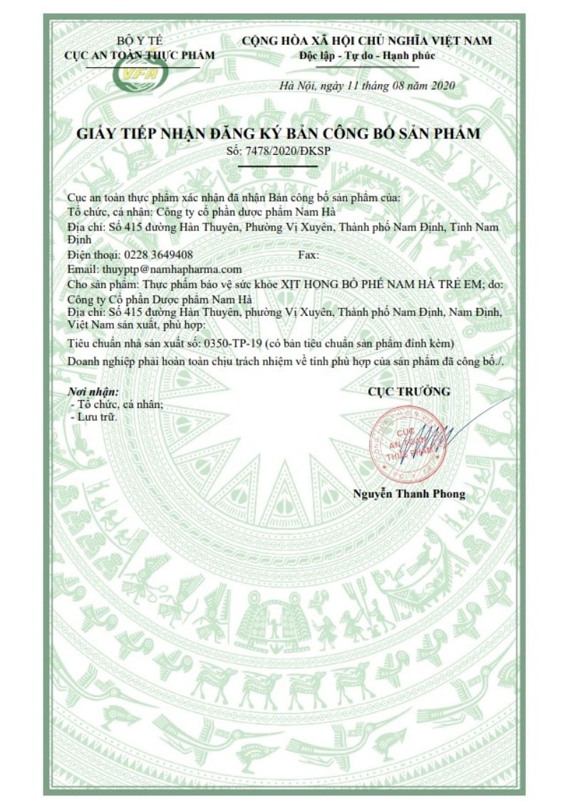 Bản công bố sản phẩm của Xịt họng bổ phế Nam Hà trẻ em