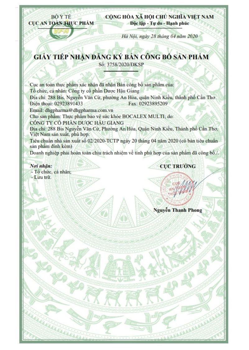 Bản công bố sản phẩm của Bocalex Multi - Bổ sung vitamin tổng hợp