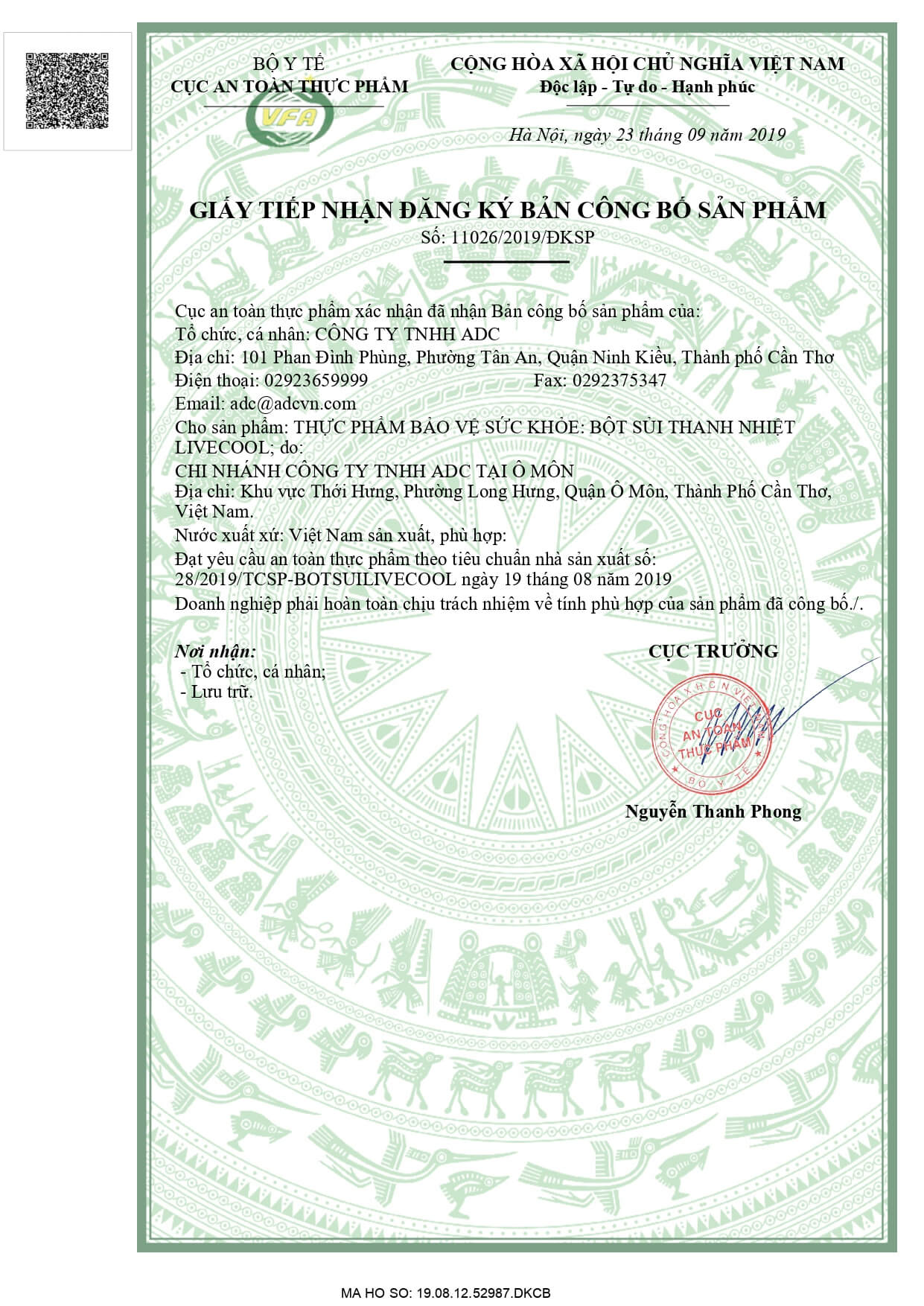 Giấy tiếp nhận đăng ký bản công bố sản phẩm