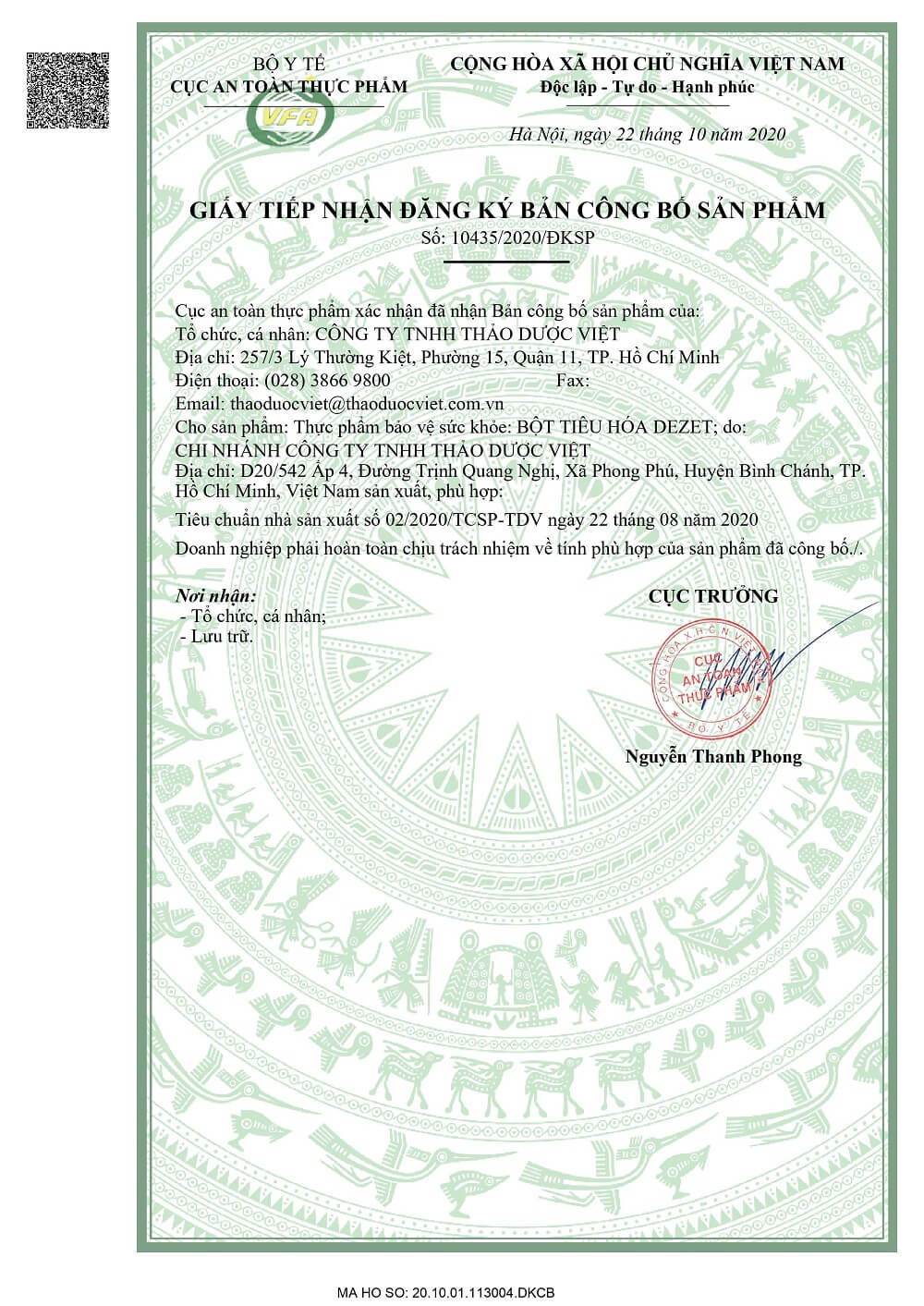 Giấy xác nhận công bố sản phẩm Bột tiêu hóa Dezet
