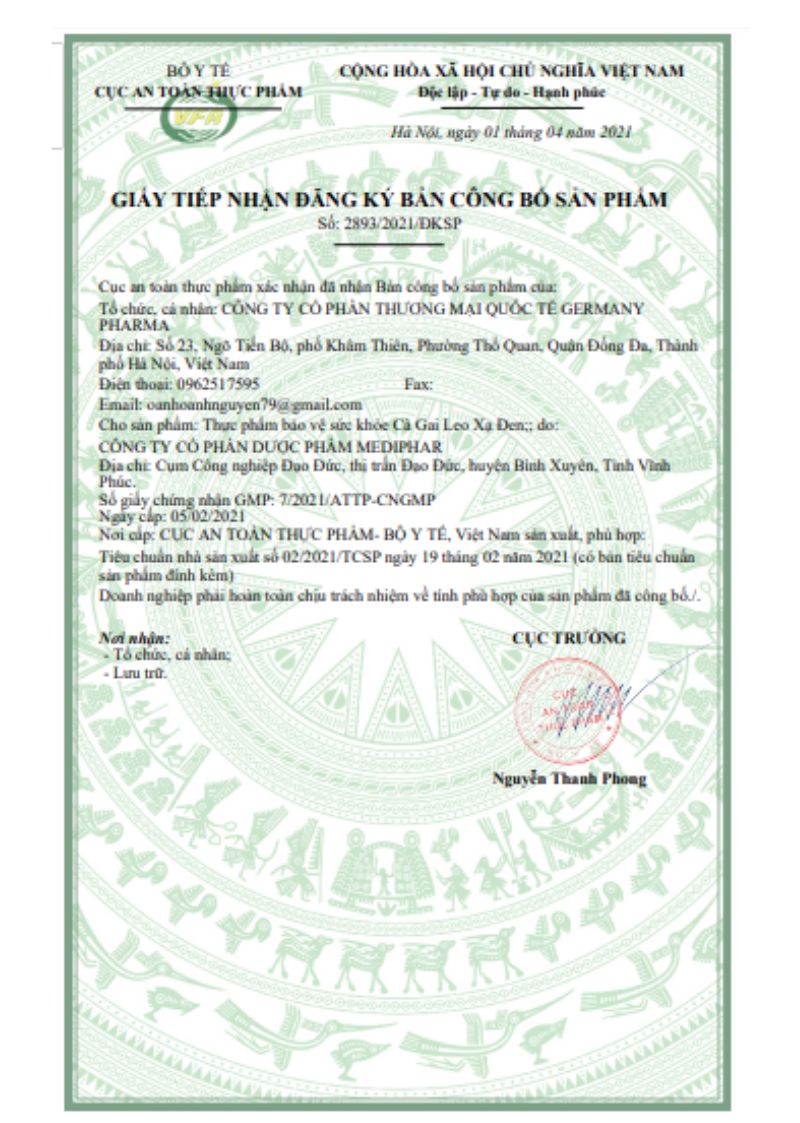 Bản công bố sản phẩm của cà gai leo xạ đen