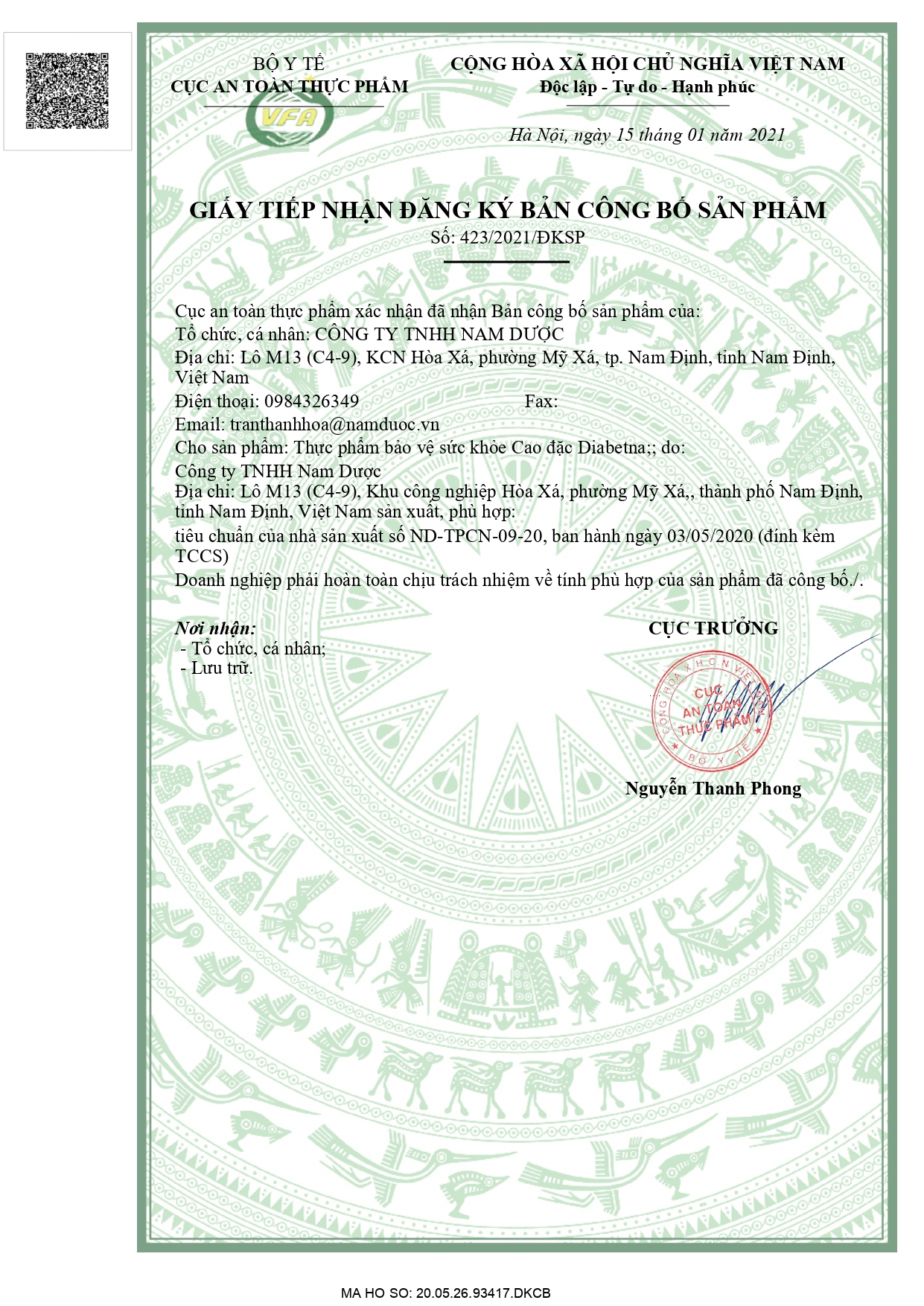 Giấy đăng ký công bố sản phẩm Cao đặc Diabetna