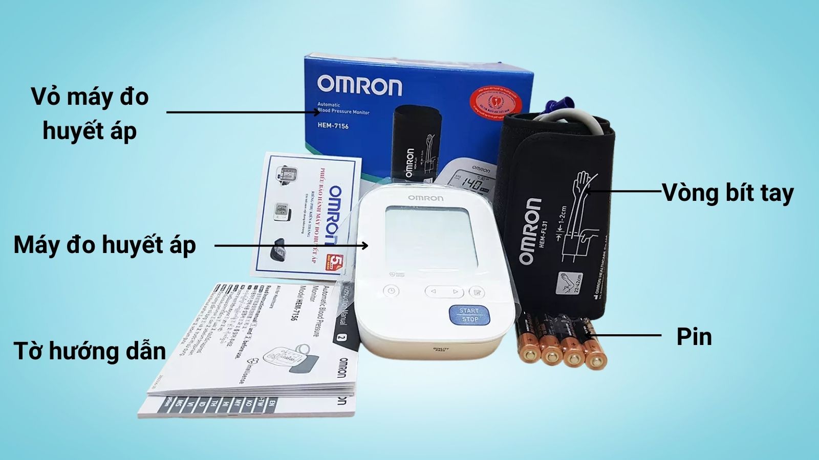 Máy đo huyết áp Omron HEM 7156 có bao gồm các thiết bị đi kèm