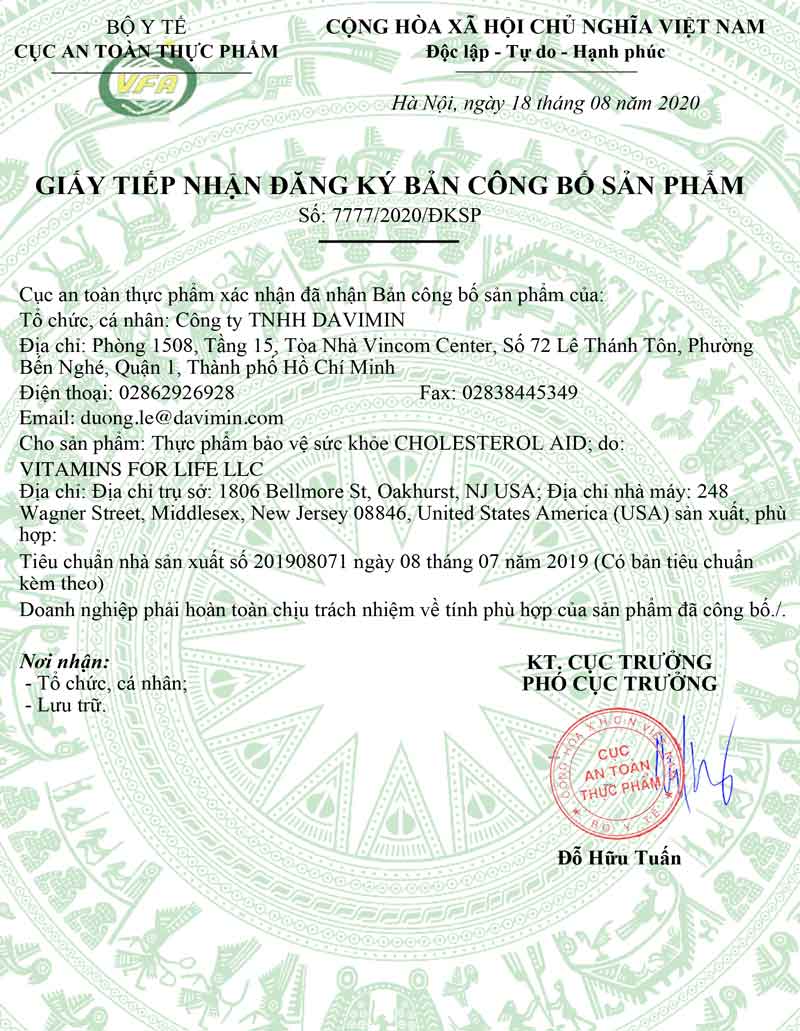 Giấy đăng kí công bố sản phẩm Cholesterol Acid